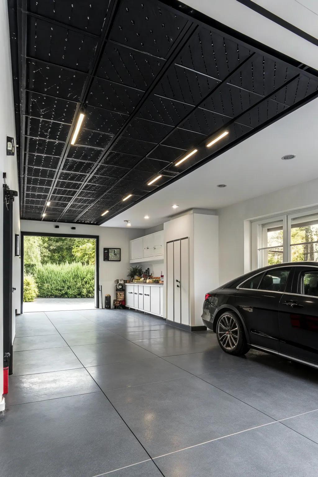 A dark ceiling adds drama and refinement to your garage area.