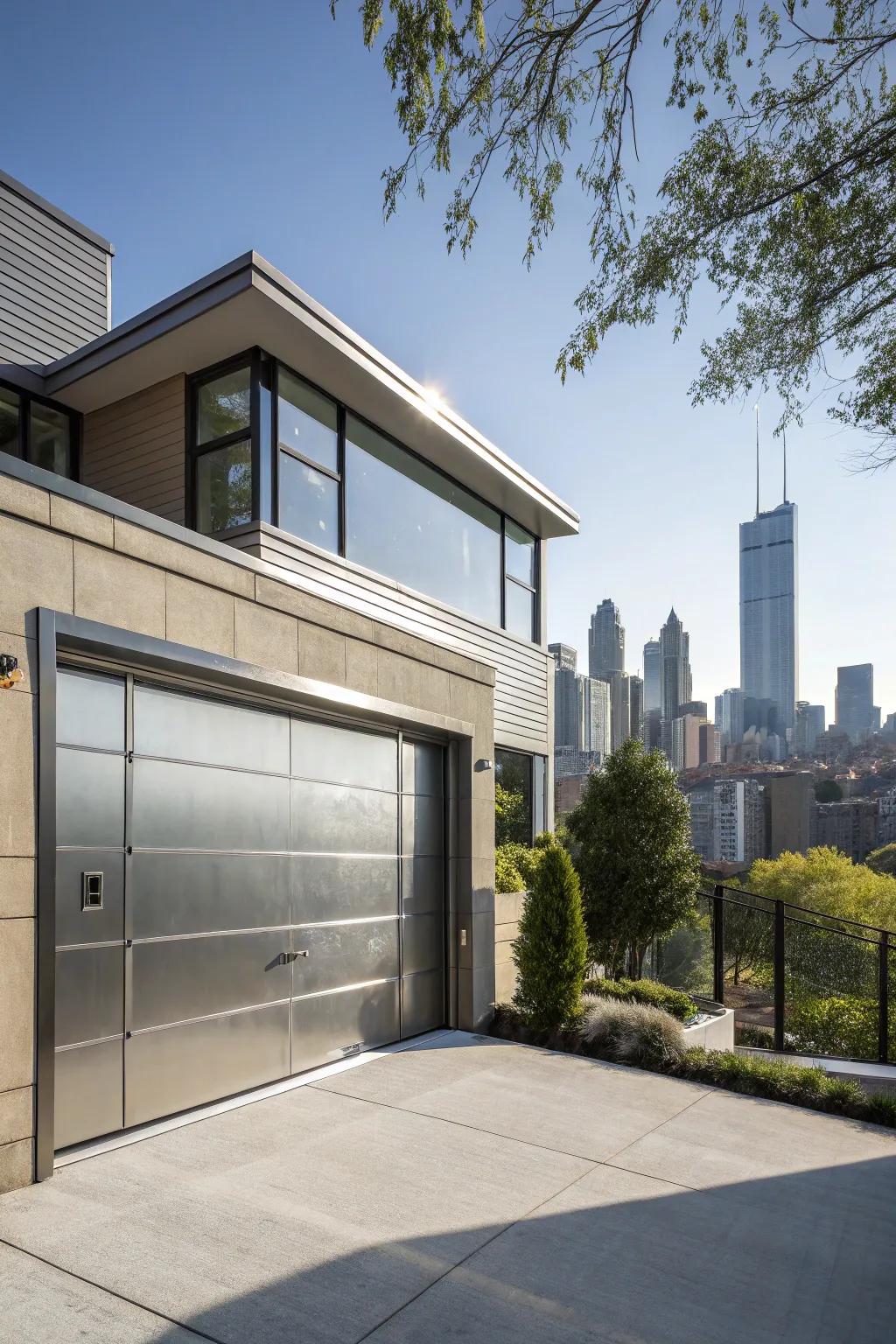 Contemporary metallic garage doors provide a streamlined and elegant polish.