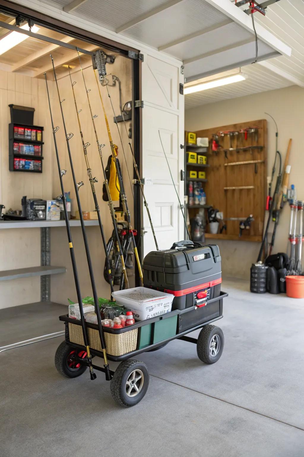 A rolling cart offers a portable storage option for versatile garage arrangement.
