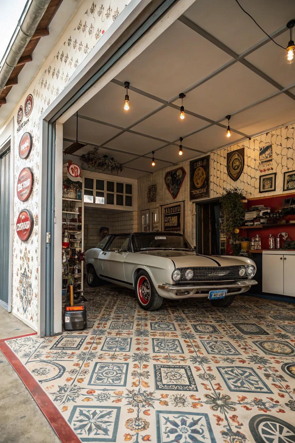 Vintage-inspired coverings contribute retro charm to your garage.