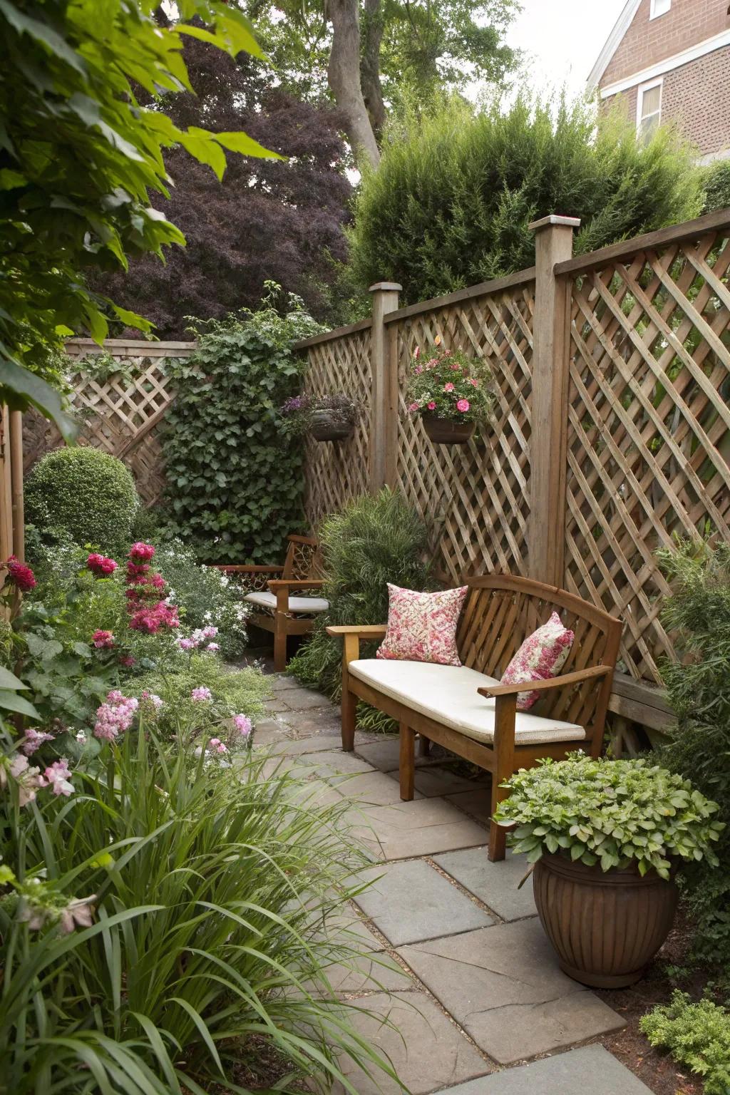 Thick mesh screens create private and cozy garden nooks.