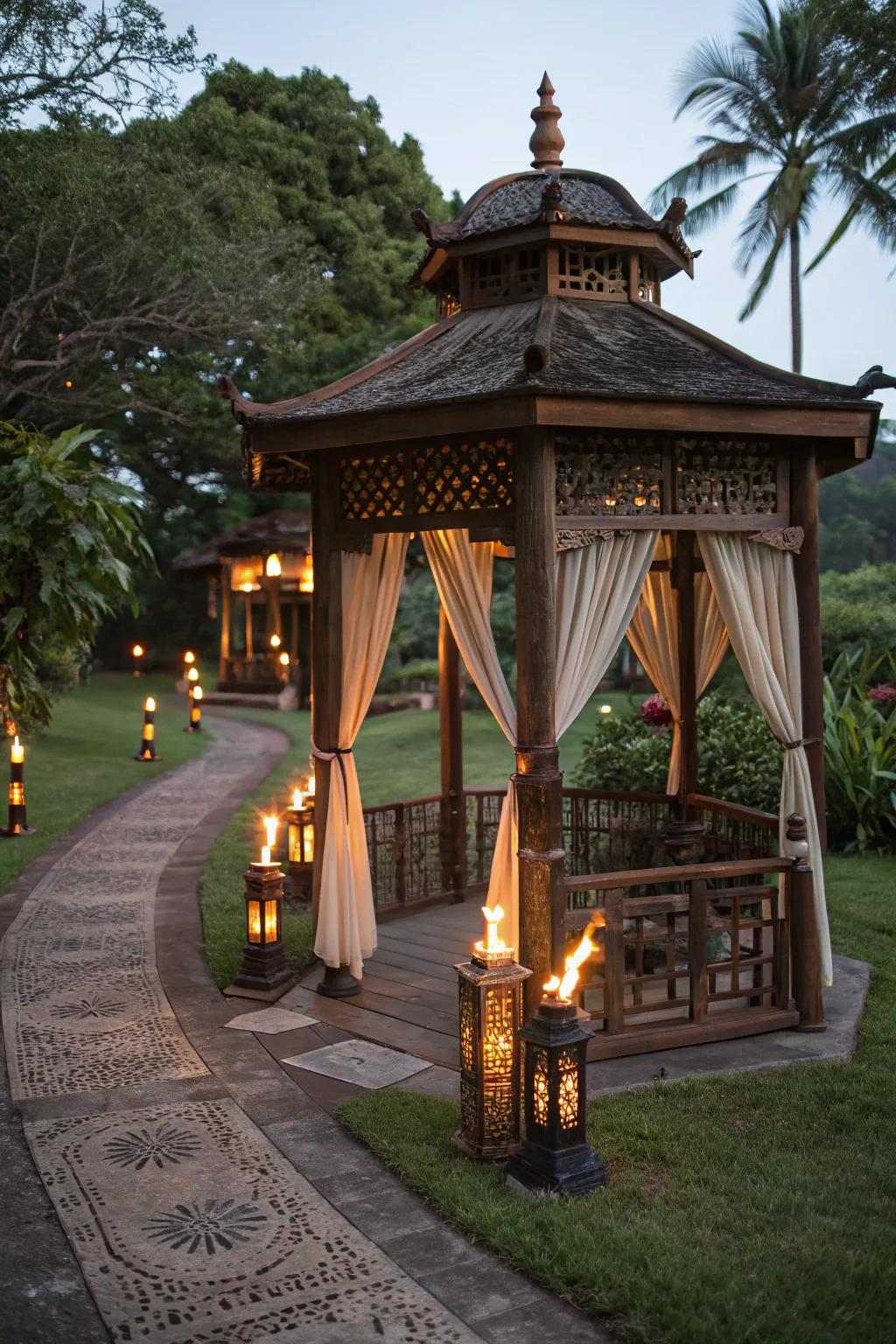 Tiki torches adding a tropical sensation to the gazebo.