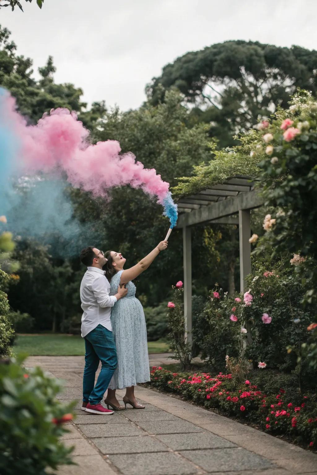 Capture a dramatic reveal with colorful smoke bombs in an outdoor setting.