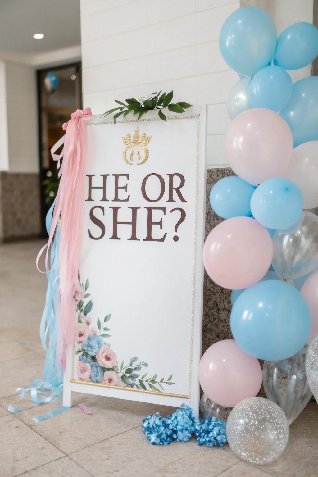 Chic signage contributes sophistication to the gender reveal theme.