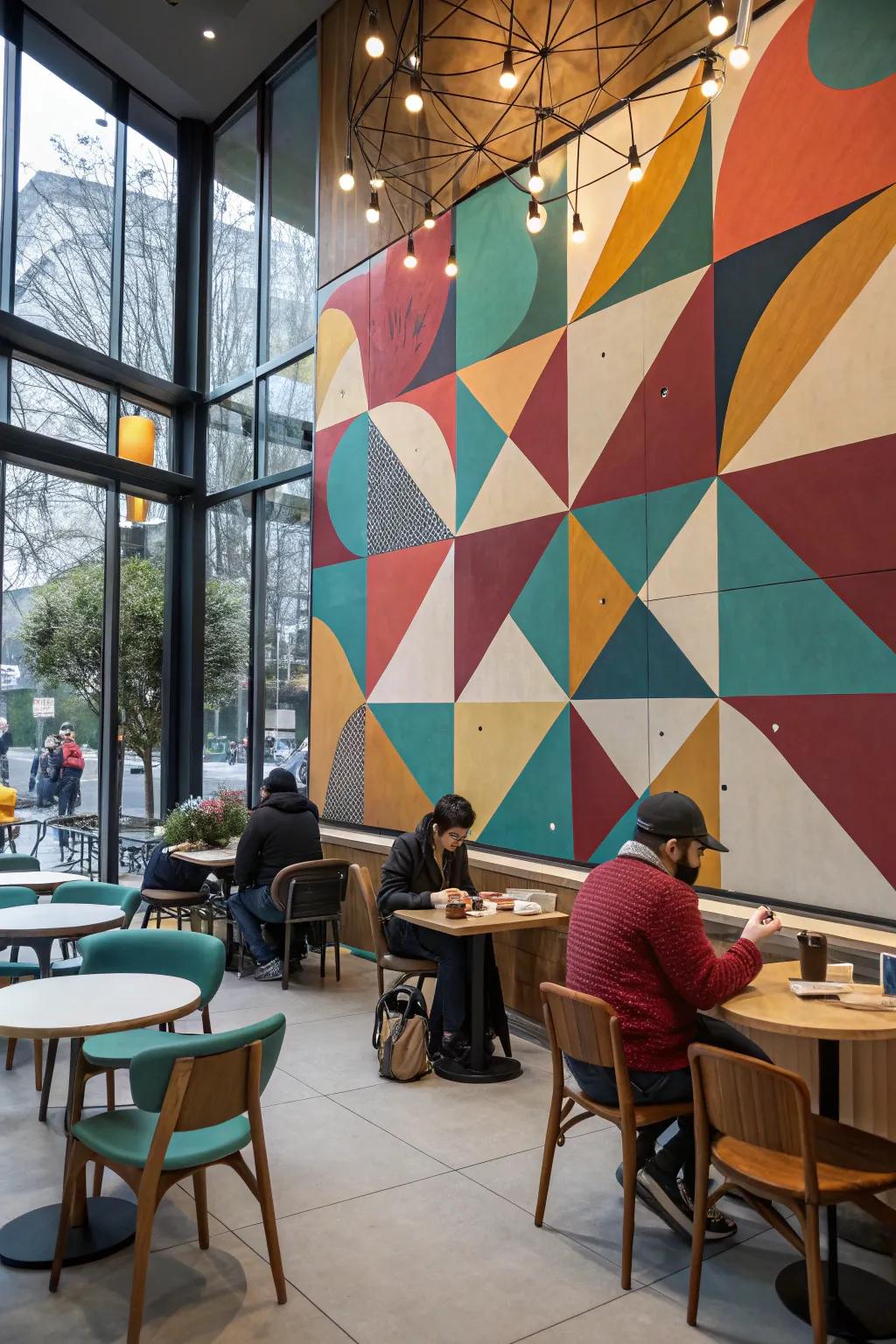 A caf&eacute; featuring an artistic geometric wall art piece as a focal point.