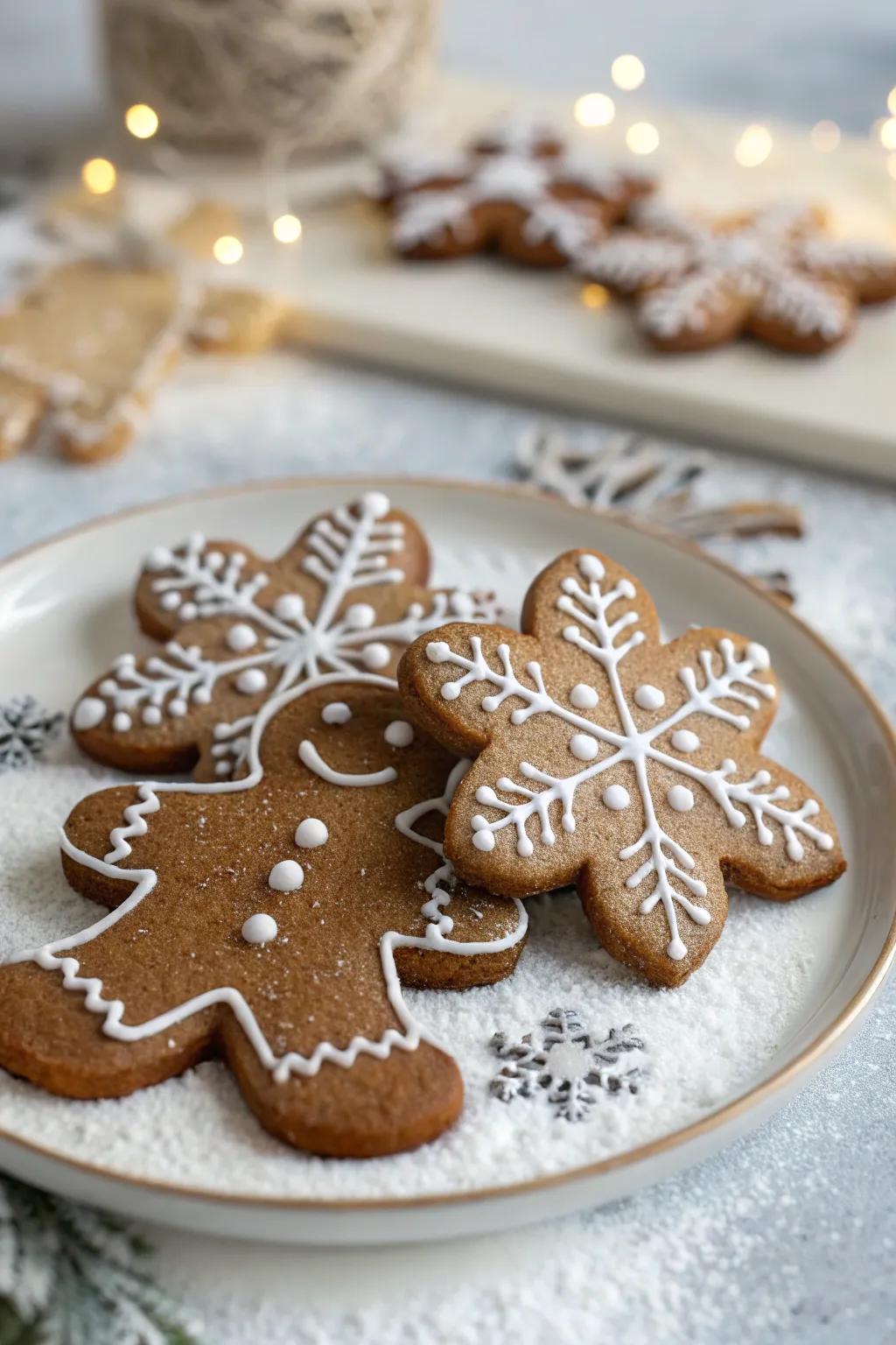 Snow crystal-adorned gingerbread figures ideal for winter festivities.