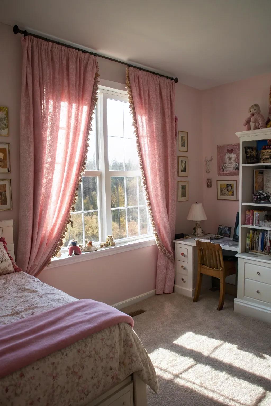 Rose plush window coverings add luxury and comfort.