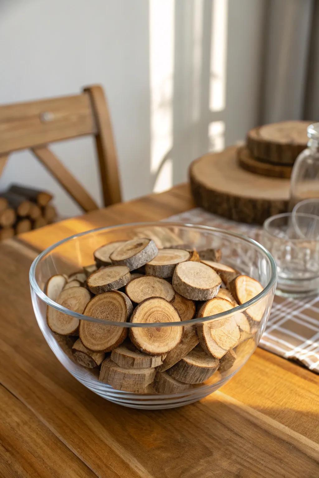 Rustic charm with wood pieces in a glass bowl.