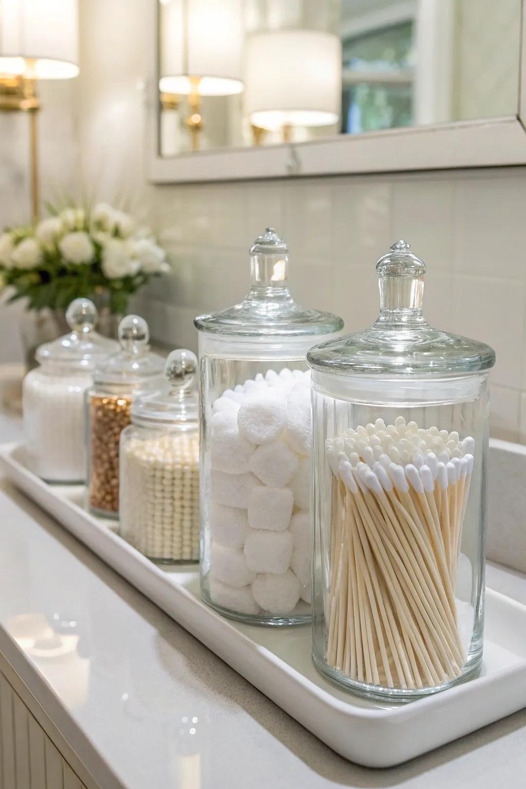 Containers neatly arrange and elevate bathing space essentials.