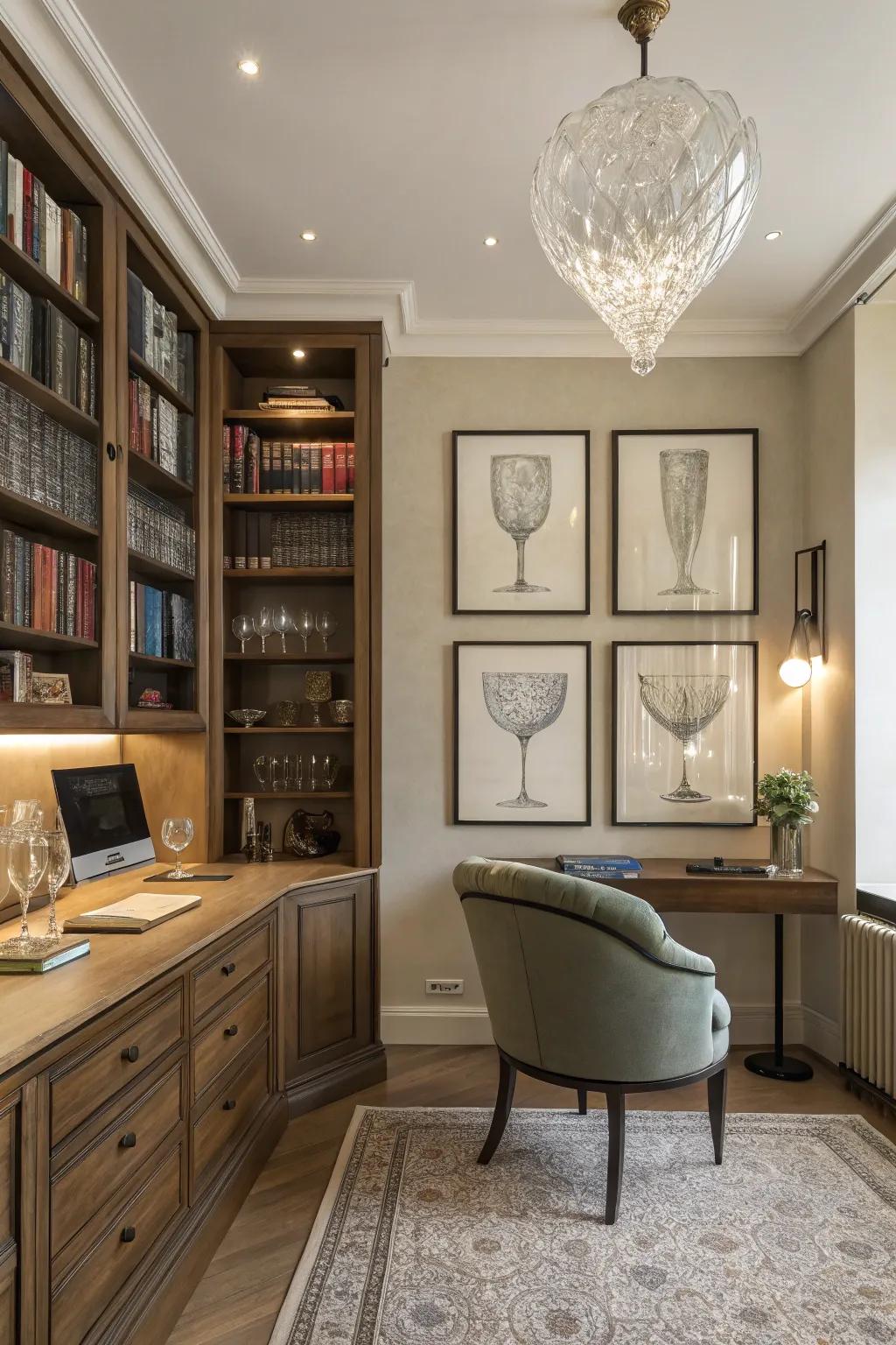 Glassware presented as art bringing an artistic touch to the study.