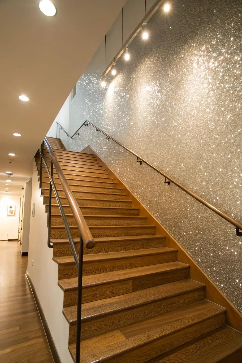 A shimmer accent wall creates a statement on a staircase.