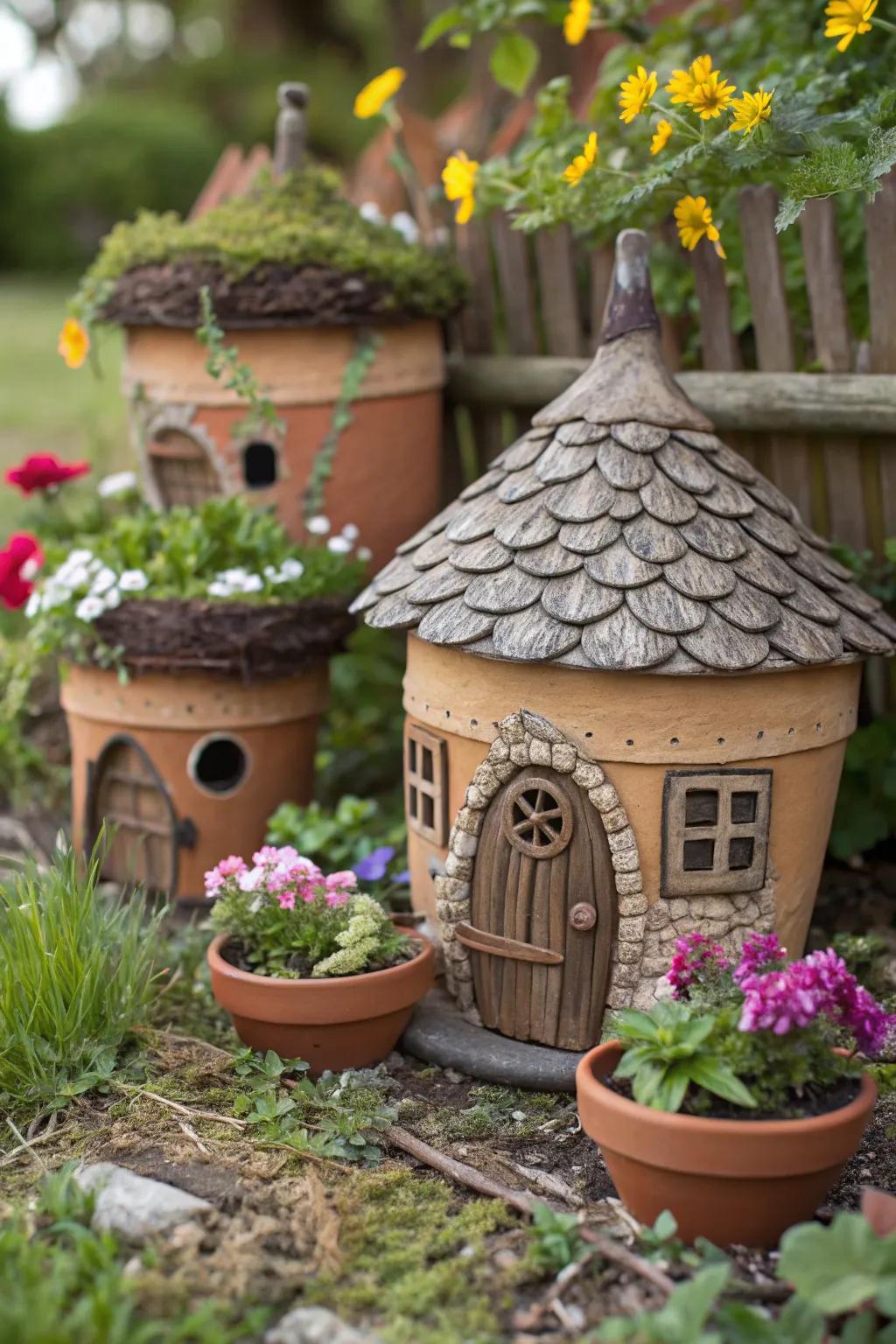 Bewitched grow pots ingeniously remodeled into darling gnome abodes.