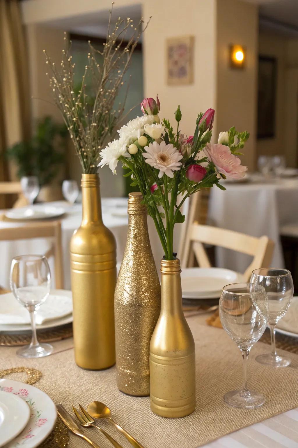 Chic gold-sprayed bottles introducing a stylish element.