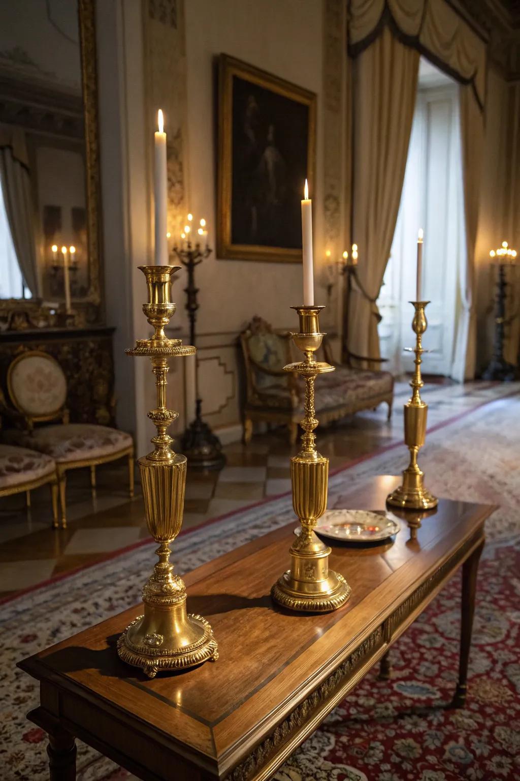 Gold candlesticks establish an atmosphere of warmth and sophistication.