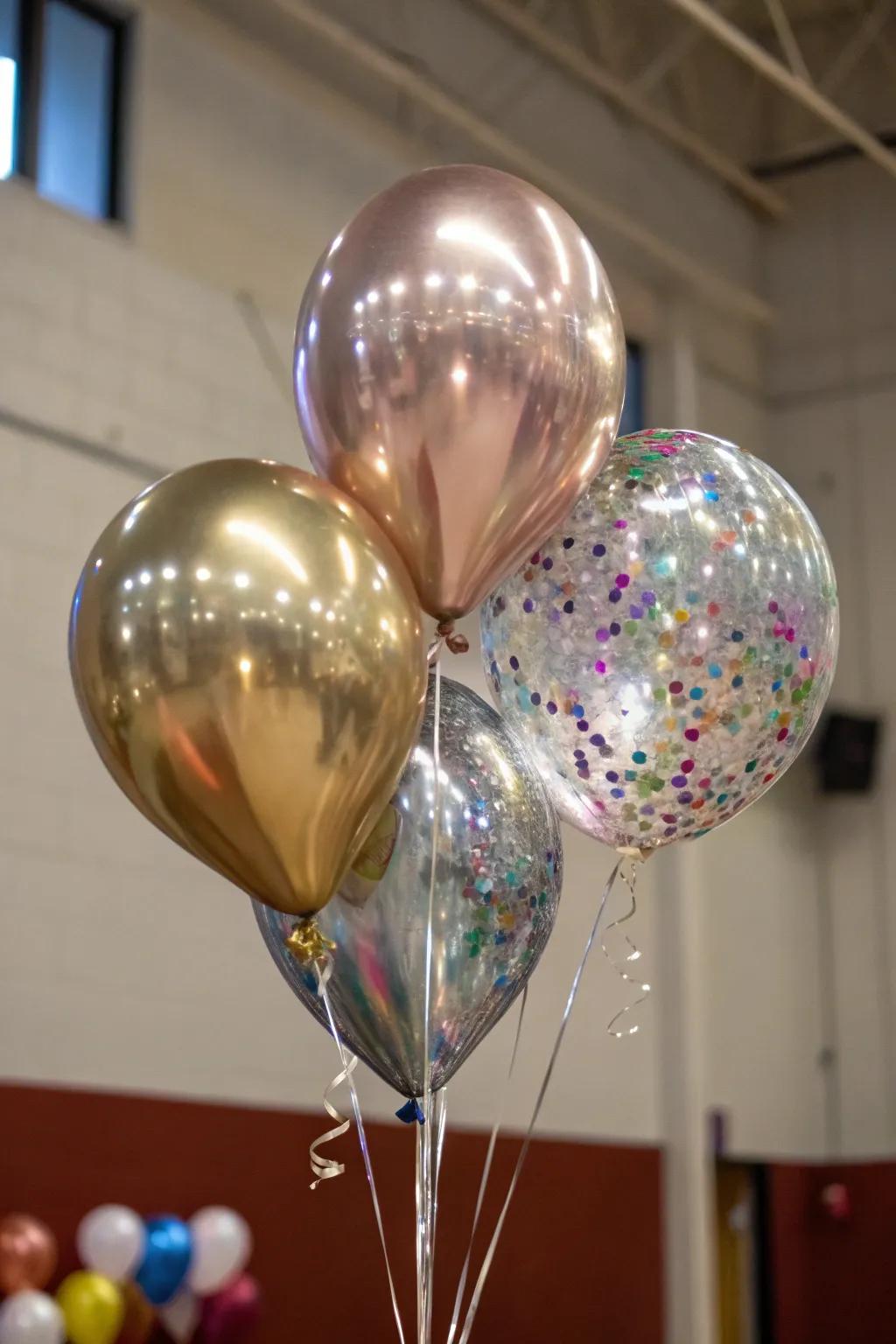 Metallic balloons bring a shimmering elegance to the setting.