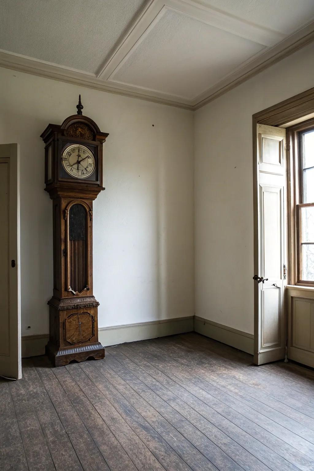 A longcase clock is prominent as a statement design in a minimalist spot.