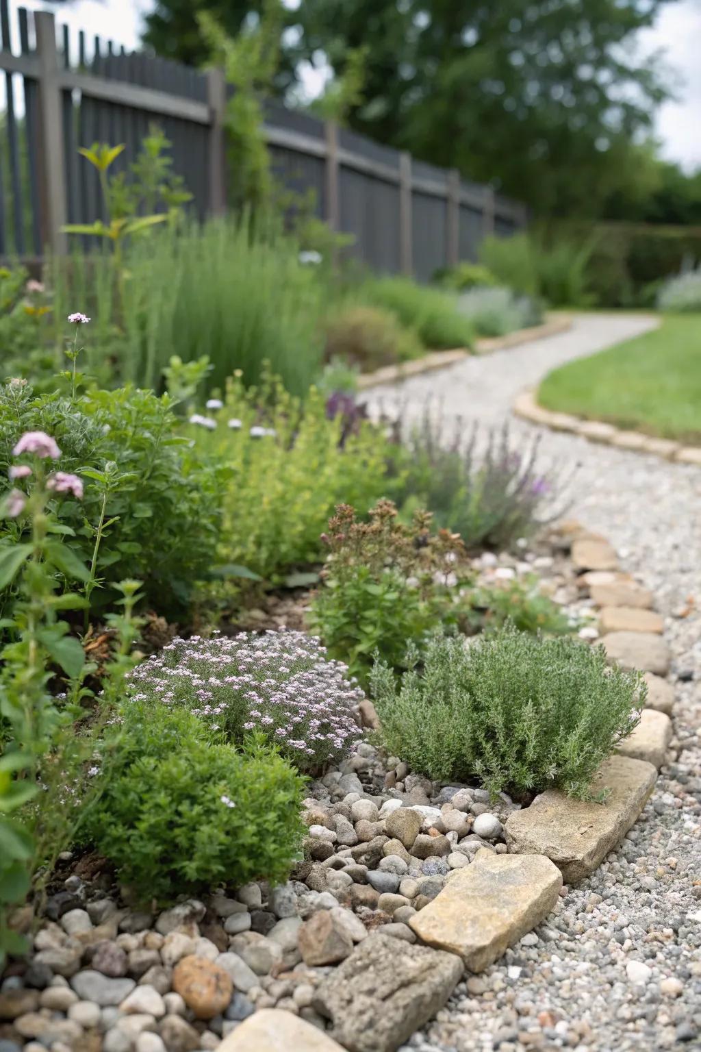 An aromatic herb pebble garden bed