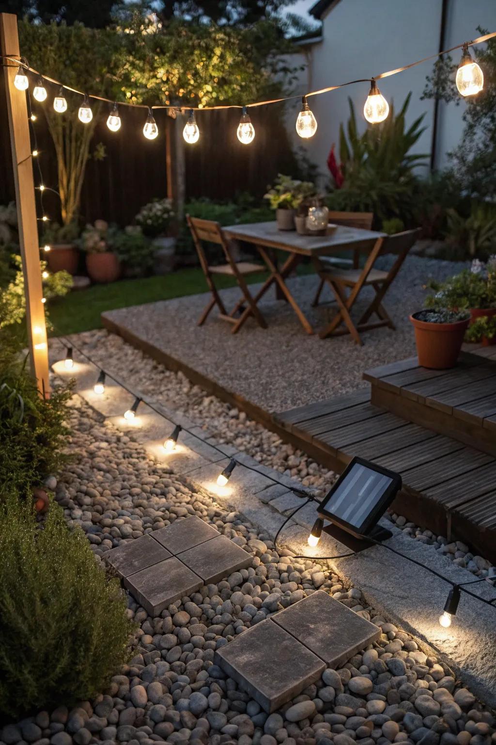 A gravel patio beautifully lit using outdoor lighting, establishing an enchanting atmosphere.