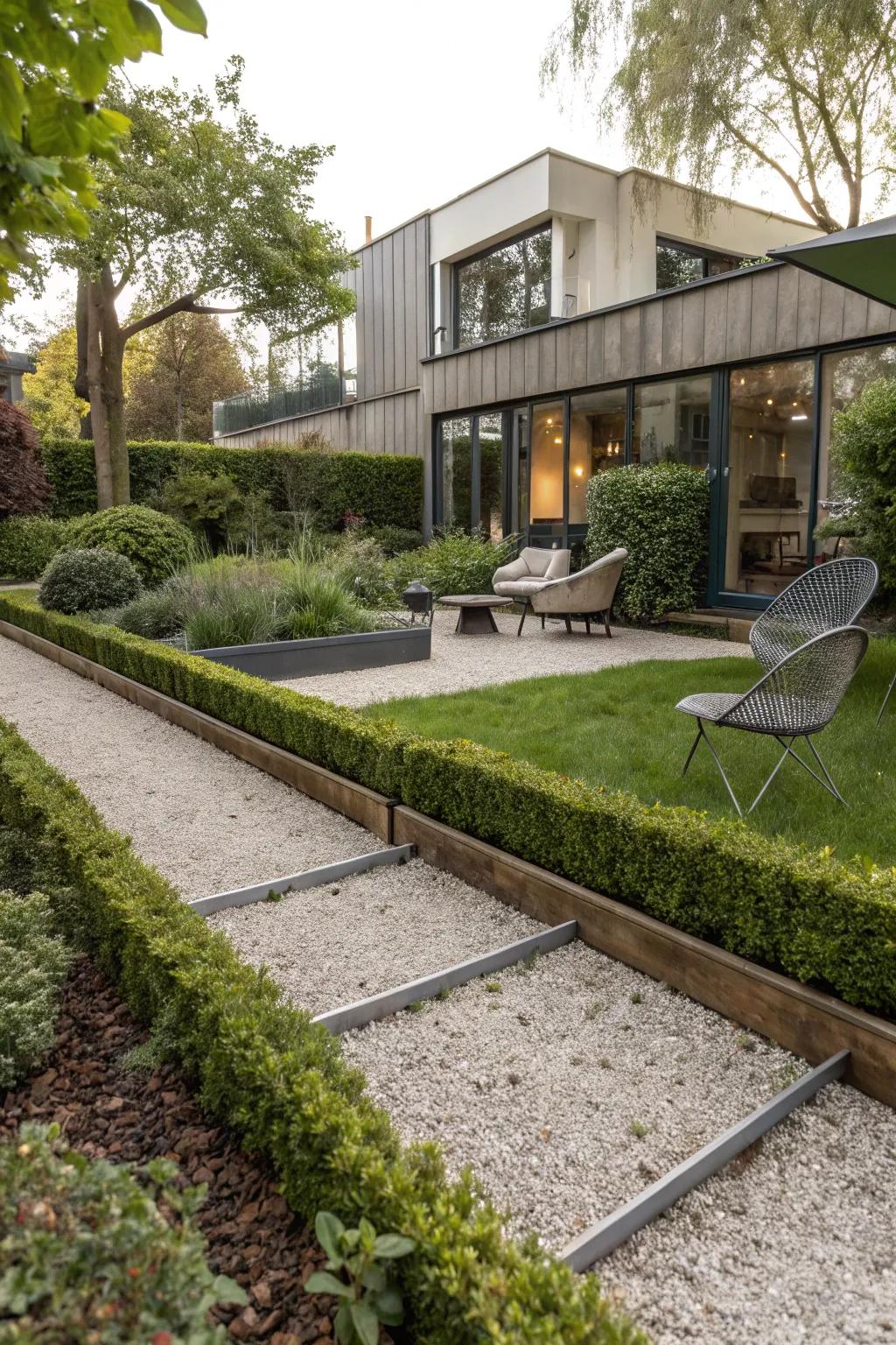 Modern garden design with gravel and sleek metal edging.