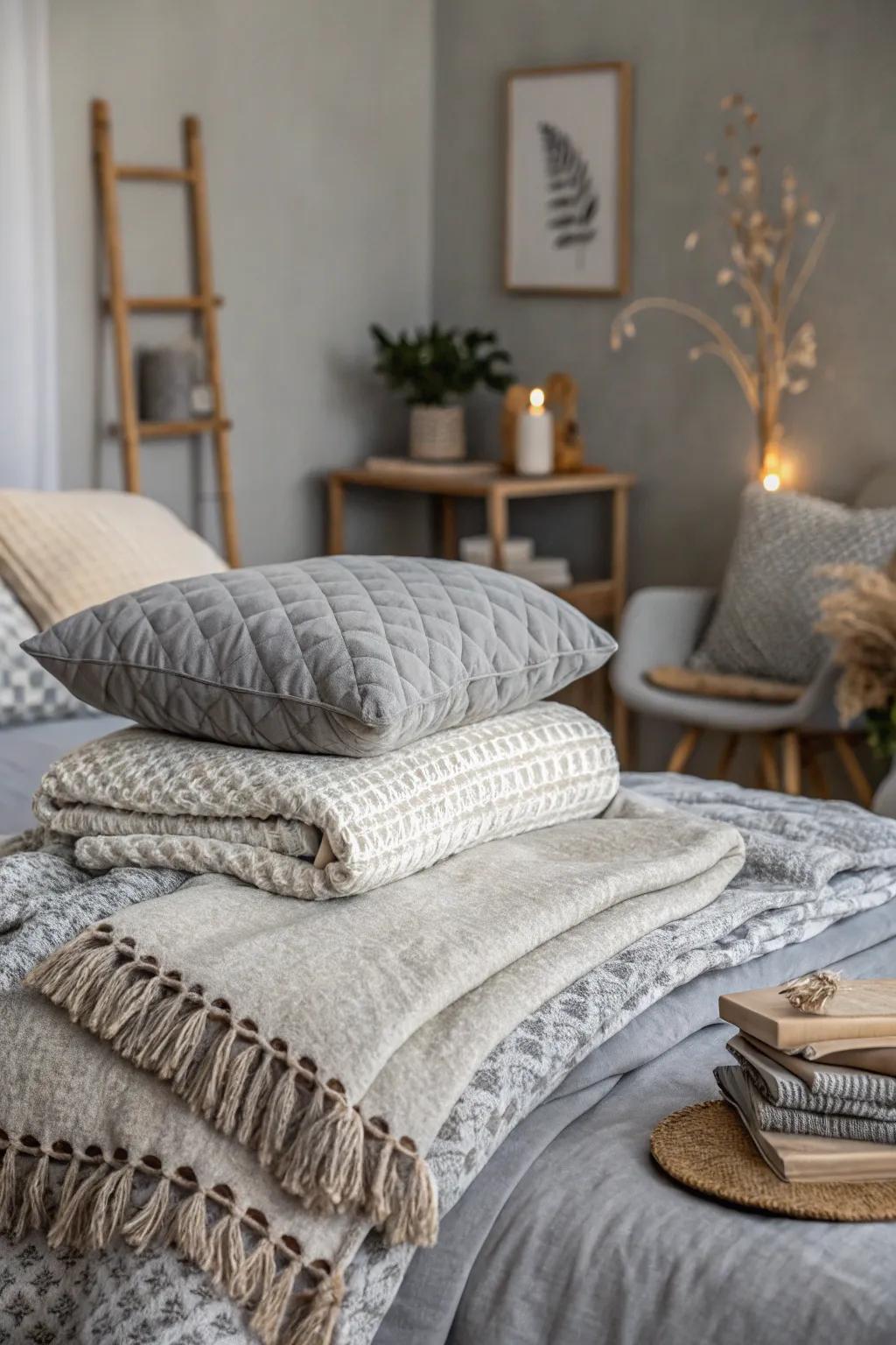 Patterned textiles enhance comfort and style in gray bedrooms.