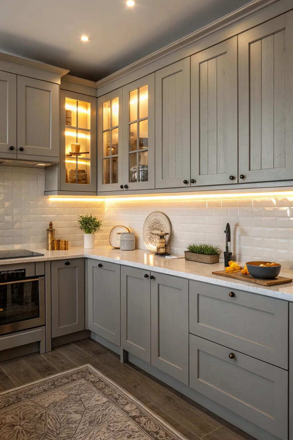 In this kitchen, matte gray cabinets radiate subtle elegance.