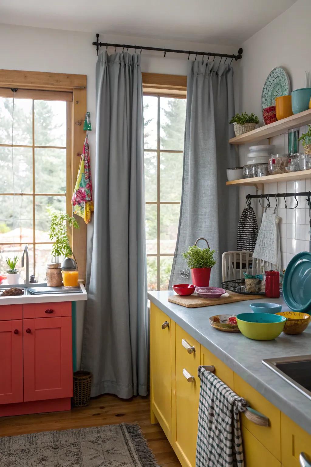 Gray drapes with a splash of vibrancy from vivid kitchen accessories.