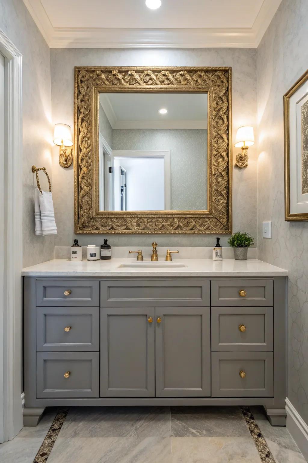 A sophisticated lavatory with a gray stand highlighted by a statement reflector.