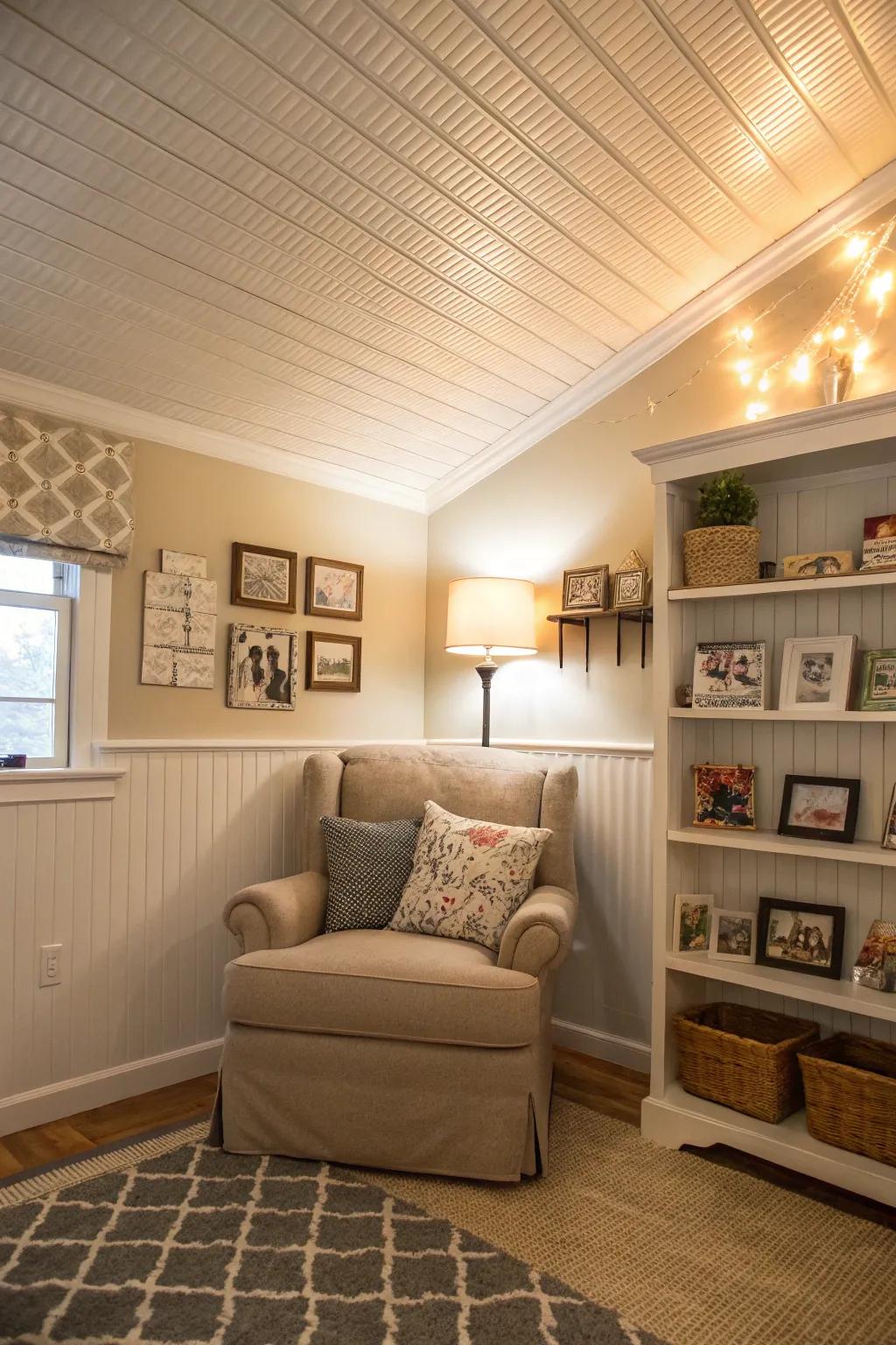 Paneled board ceilings evoke a cozy, cottage-like charm.