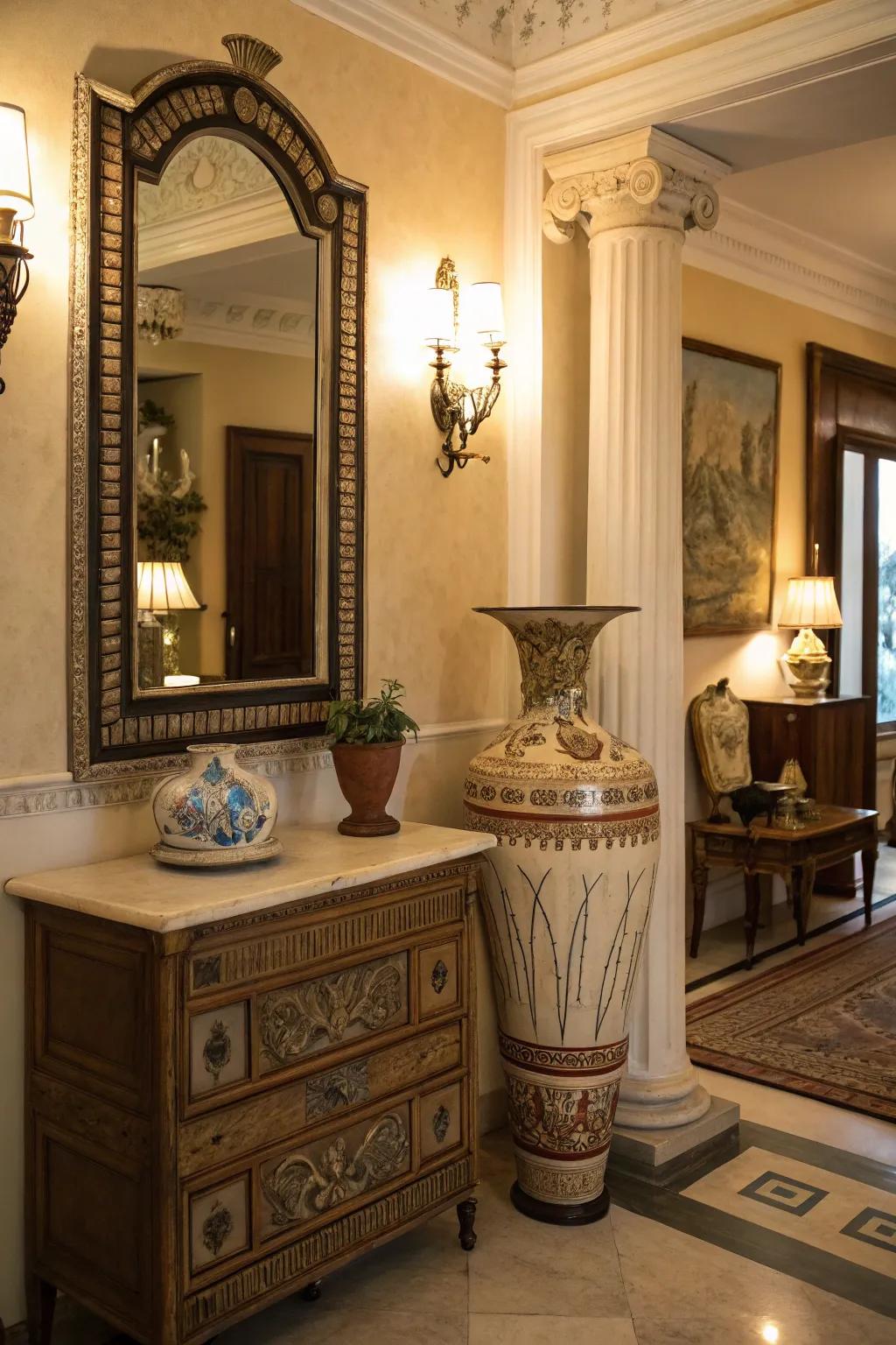 Vintage pieces lend character and dimension to Greek decor.