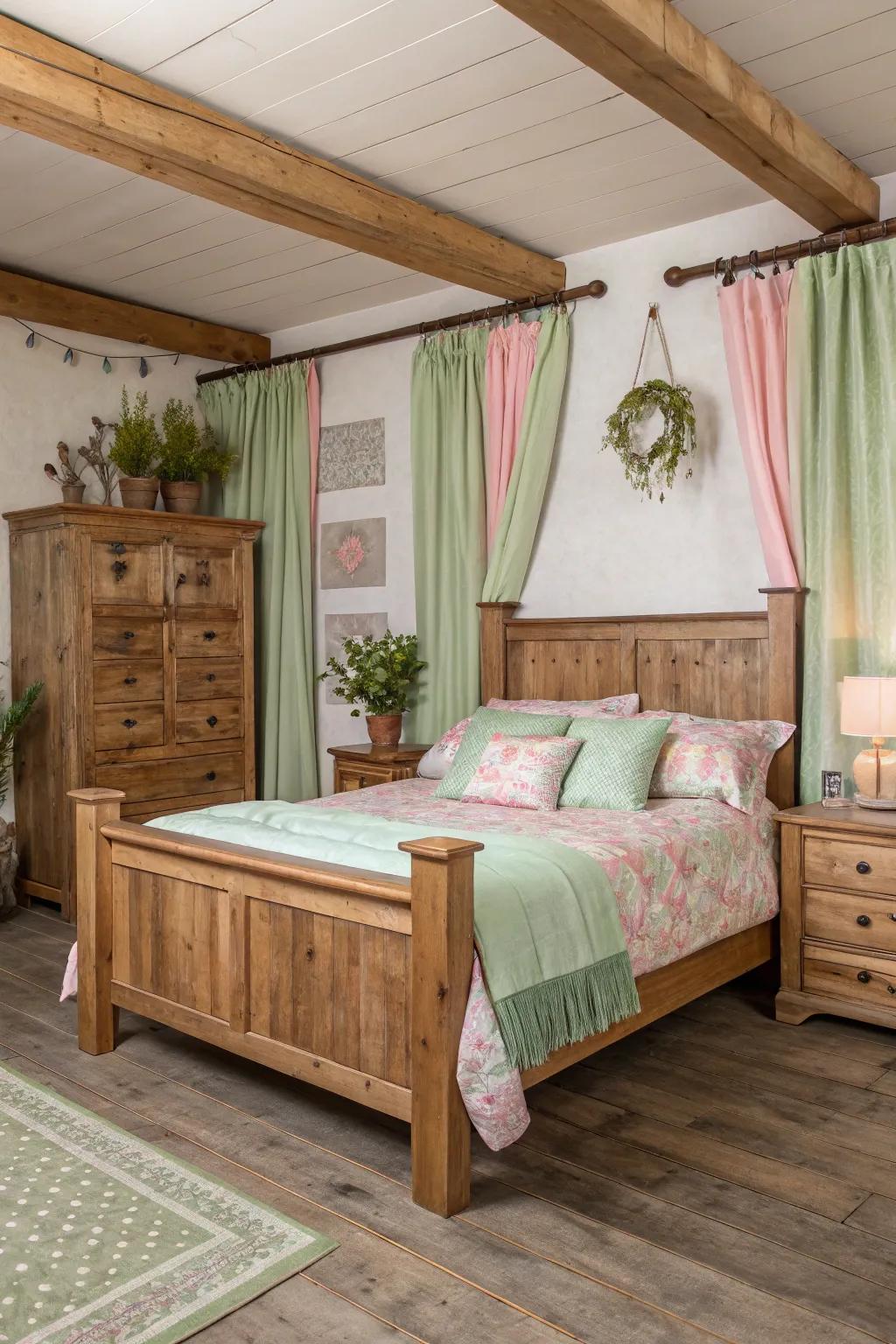 Rustic allure meets green and rose in this cozy bedroom setting.