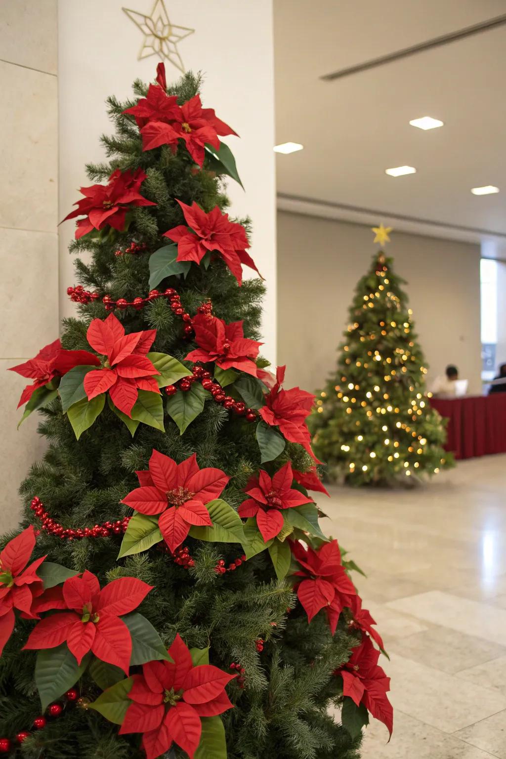 A festive Christmas tree embellished with crimson and emerald poinsettias.