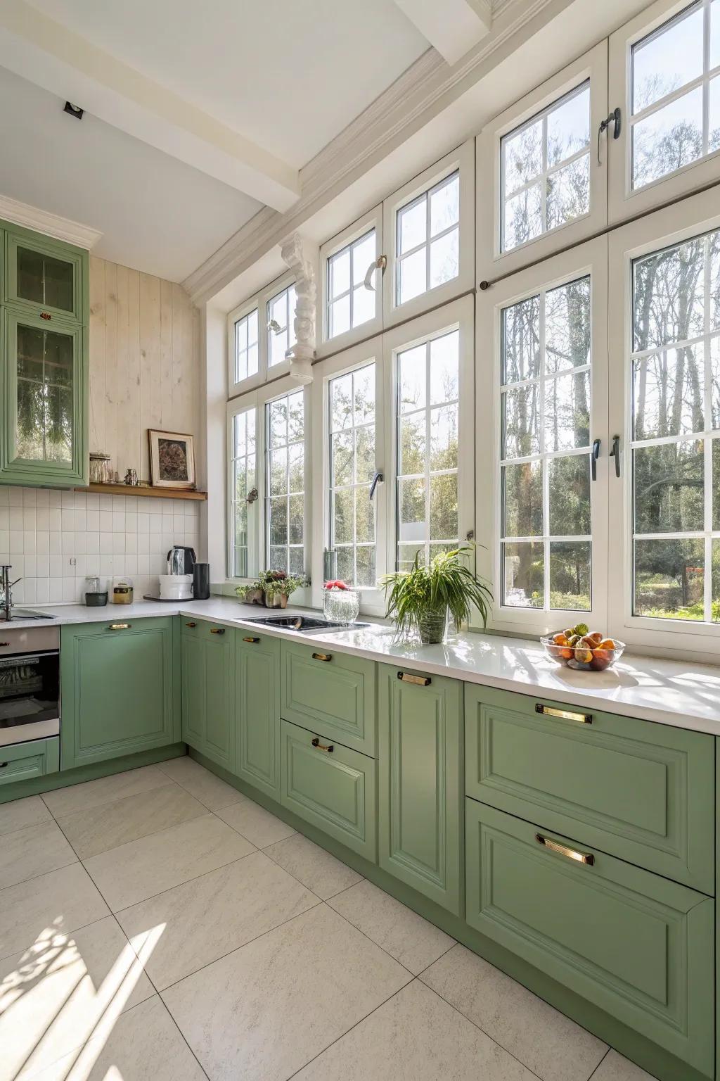 Natural illumination enhances the beauty of green culinary cabinets.