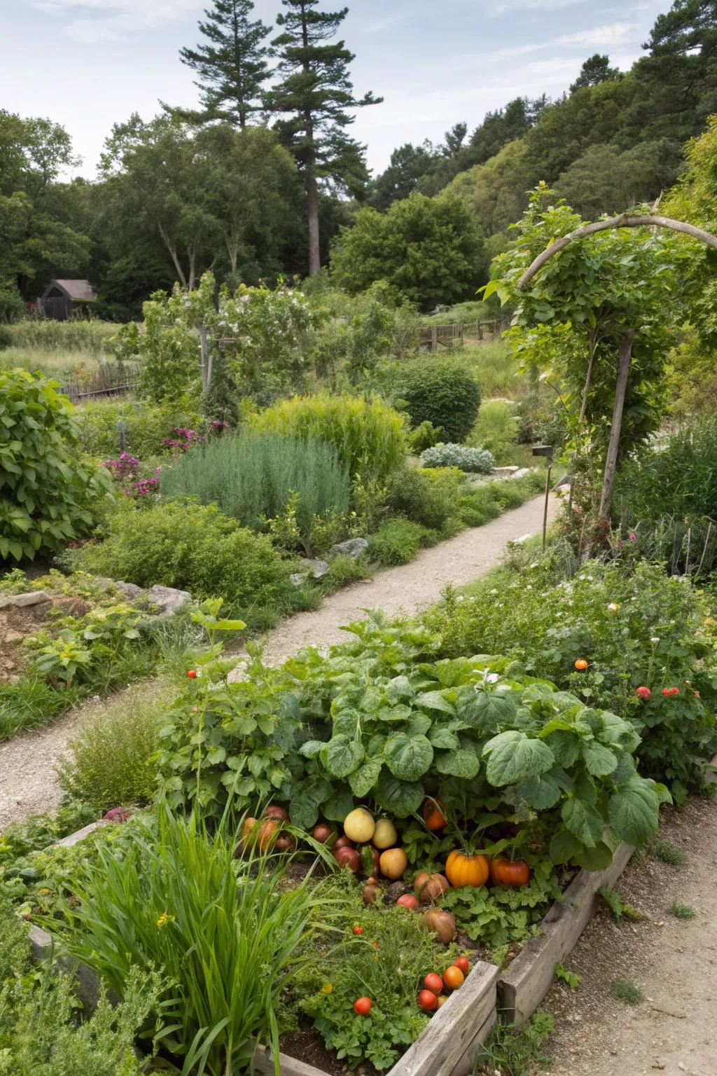 An edible landscape merging charm with functionality through herb and fruit plantings.