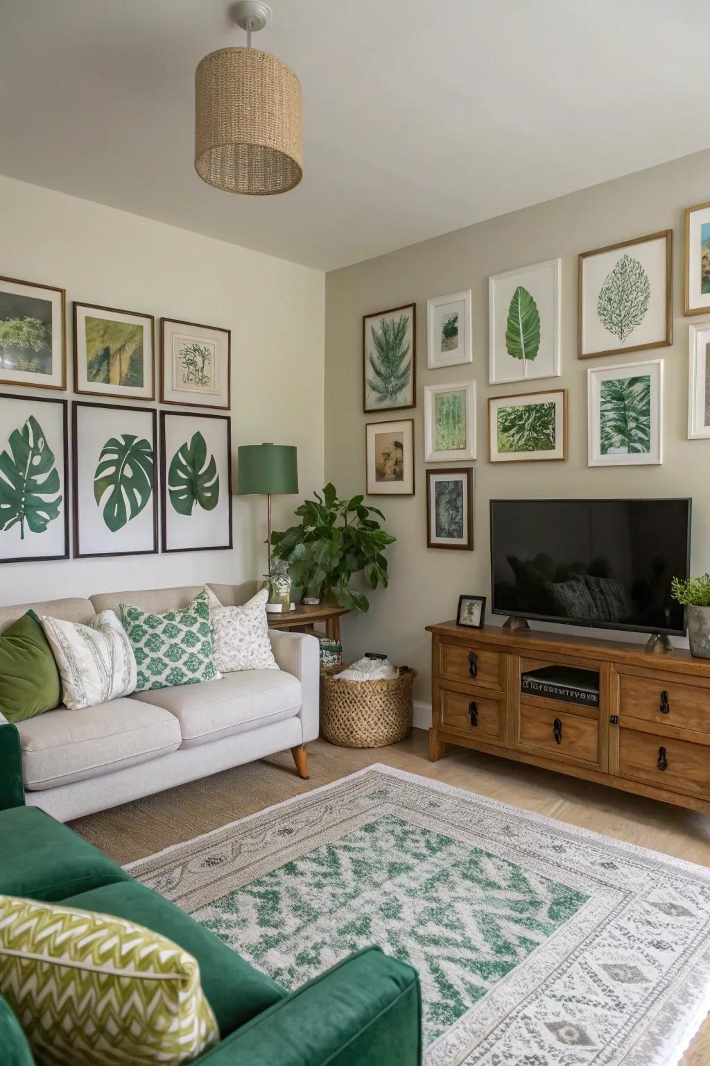 A photo display with green tones adds a personal touch to this space.