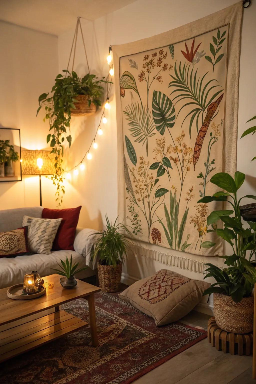 A herbal wall tapestry boosts warmth and texture to the space.