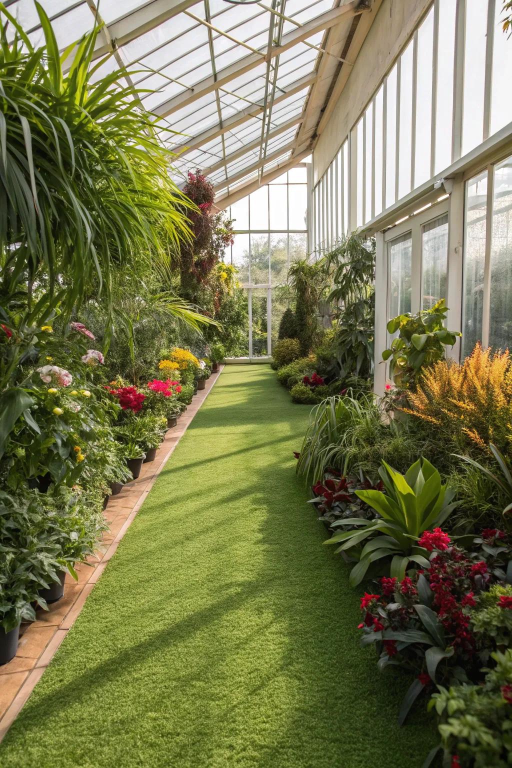 Turf carpeting fashions a garden-esque ambience with trifling maintenance.