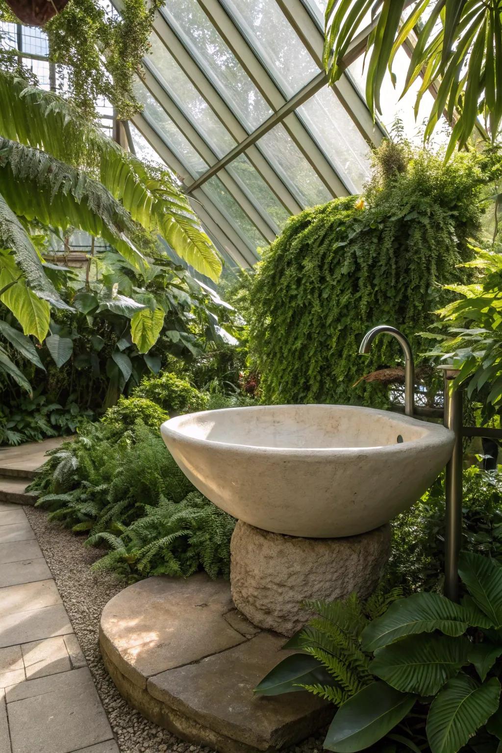 An artistic sink serves as both a functional and artistic element.