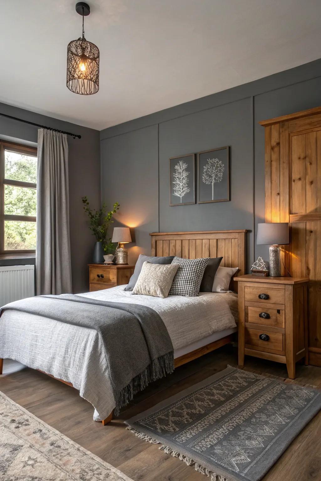 Warm wood tones complement the grey feature wall.