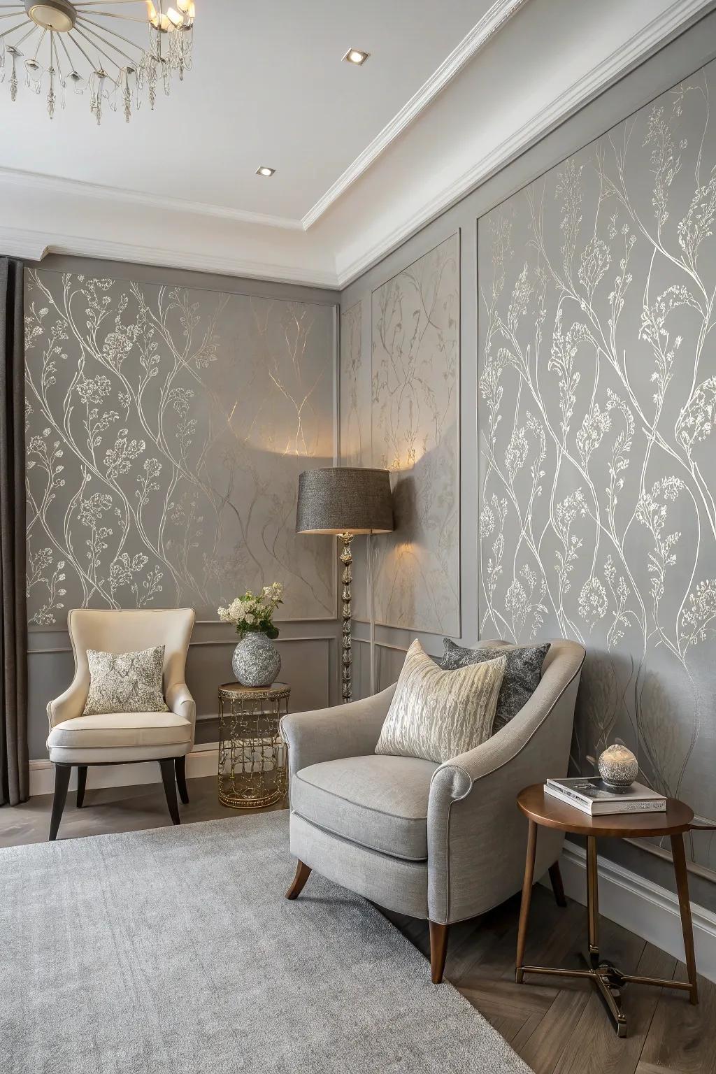 A grey wall covering accent wall with subtle patterns.