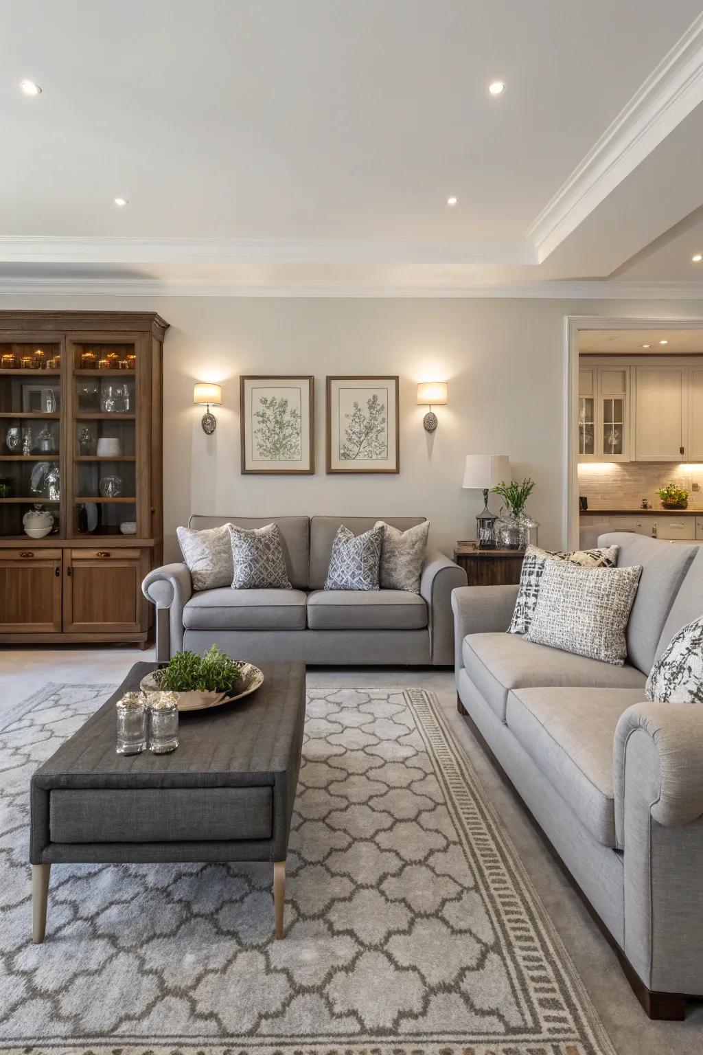 Symmetry brings balance to a gray sofa-centered room.