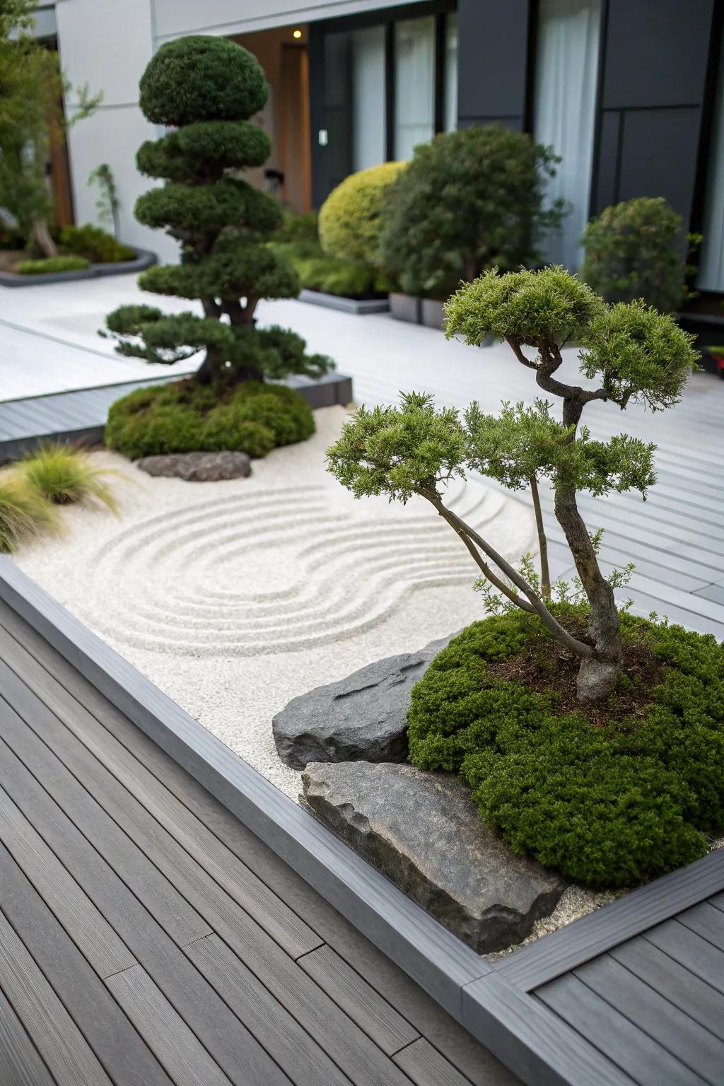 A tranquil meditation garden setup on a grey deck.