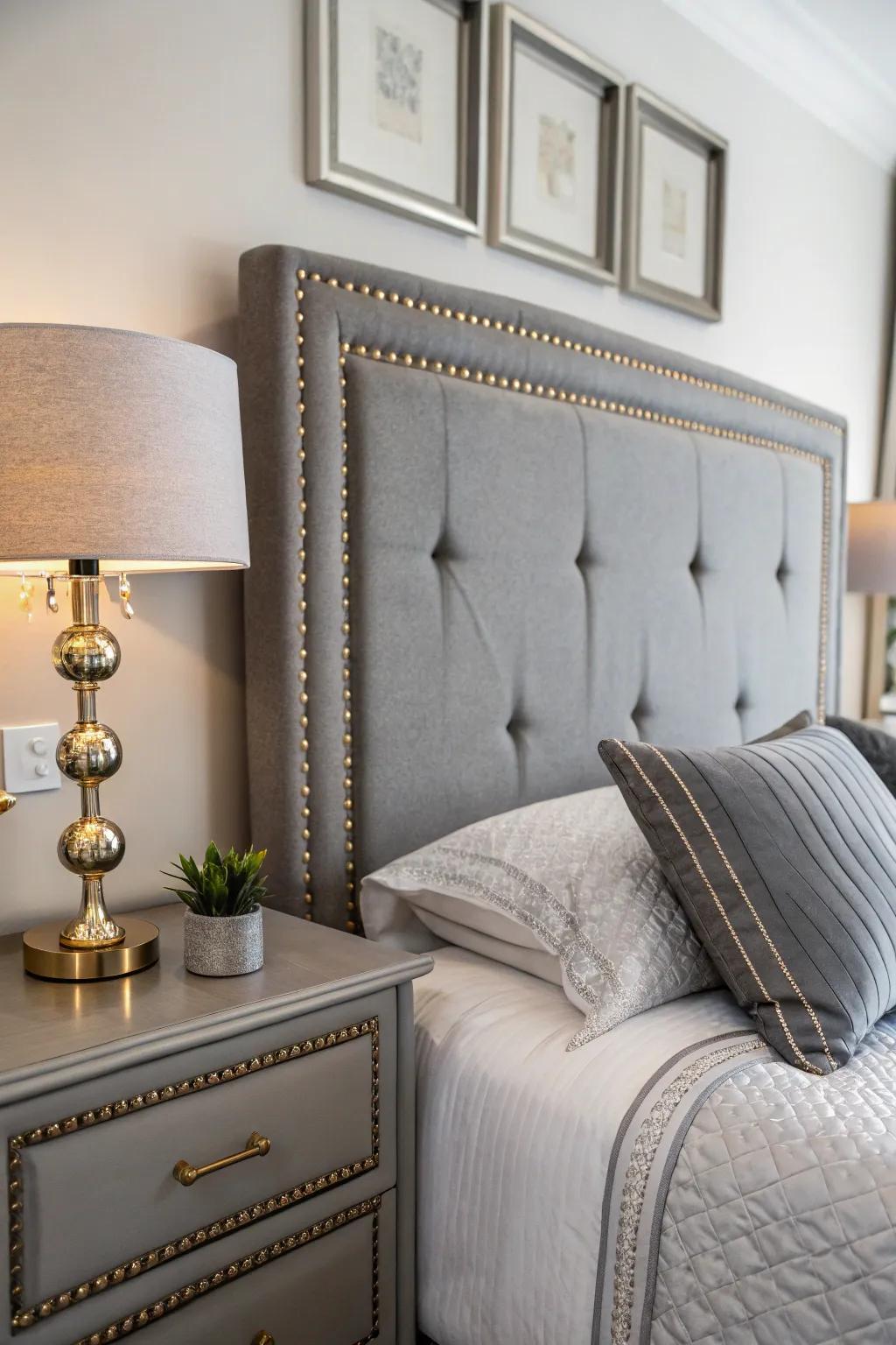 Elegant shiny details enhance the cool colors of a grey headboard.