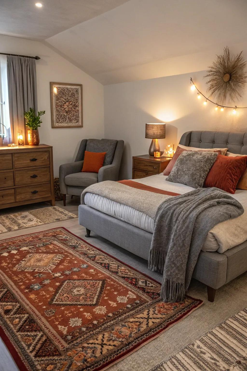 Warm textiles complement grey furniture creating a cozy retreat.