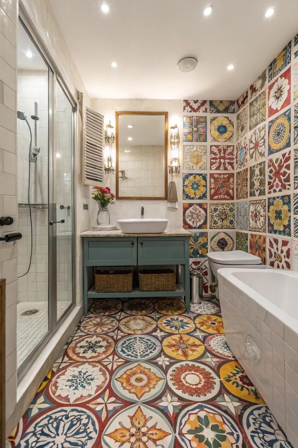 Striking designs bring an artistic flair to this modern guest bathroom.