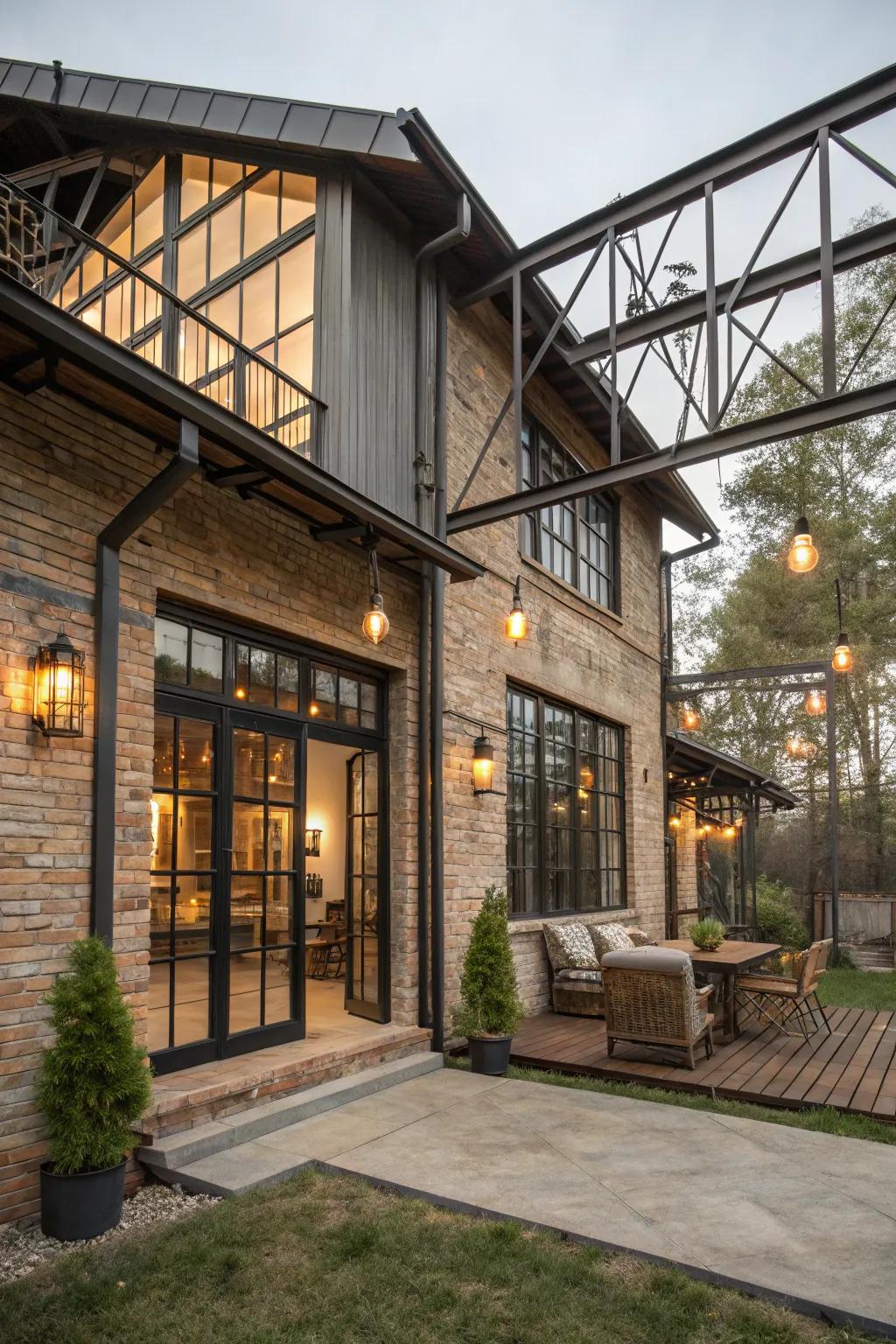 A guest house with a modern industrial style and exposed features.