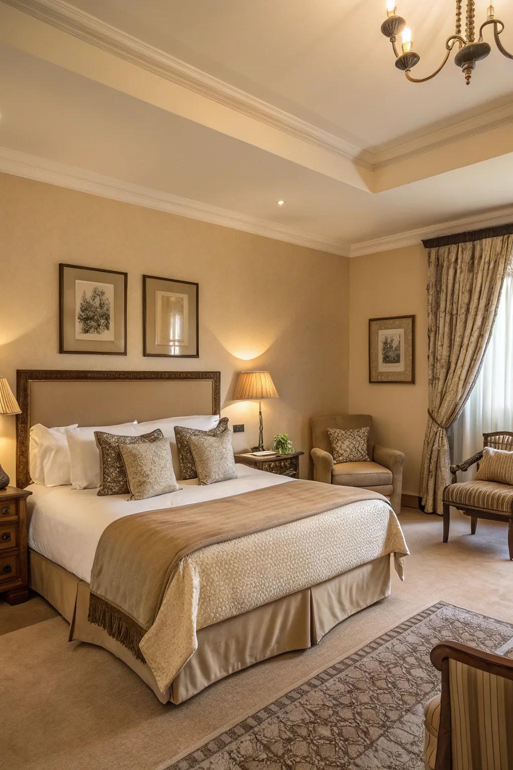A versatile guest room featuring comforting tan for a balanced impression.