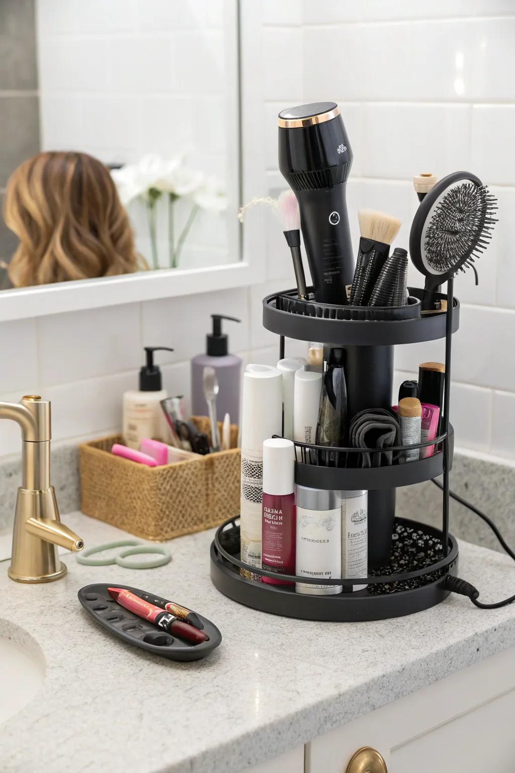 Effective rotating tower to quickly grab styling tools.