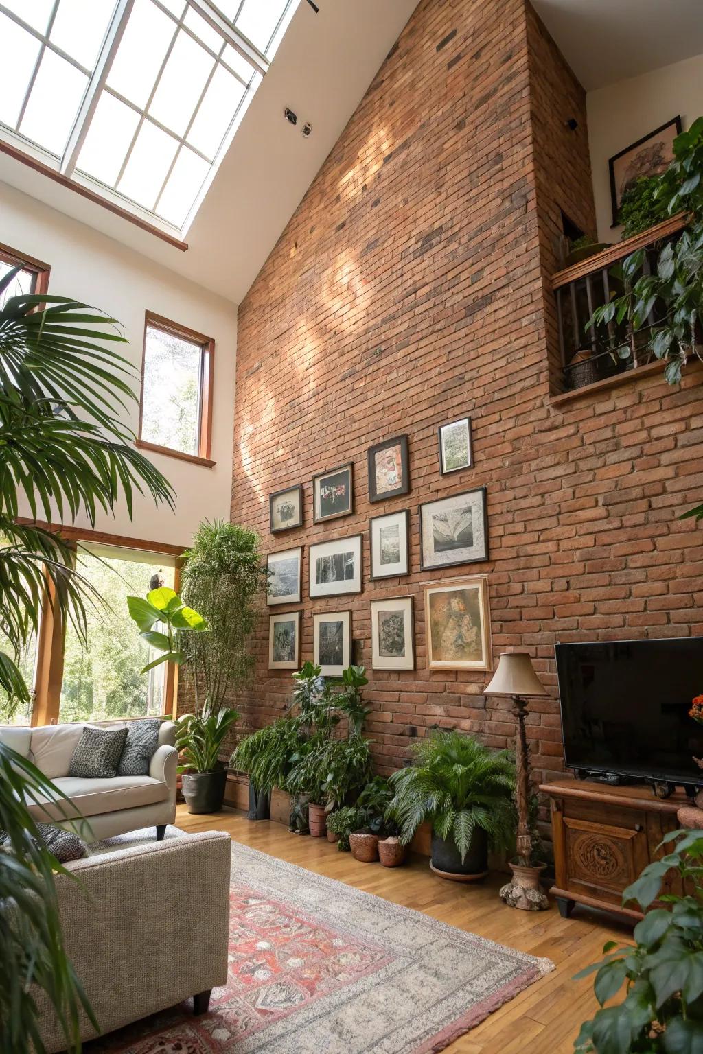 A high-ceilinged living space featuring a large brick facing enhancing vertical dimension.