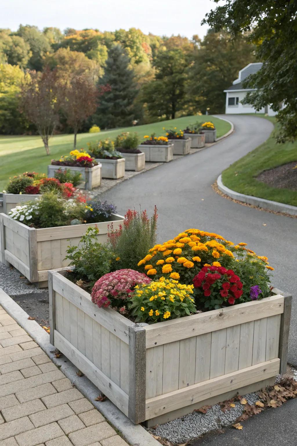 Elevated planters insert dimensions and seasonal tints.