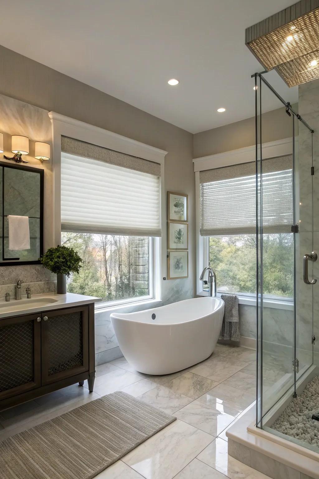 A modern bathroom is fitted with dual-action shades.